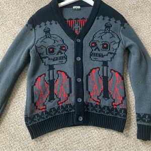 Middle Of Beyond Cardigan Sweater Mens Gray Black Red Pixelated Skulls Axe Punk